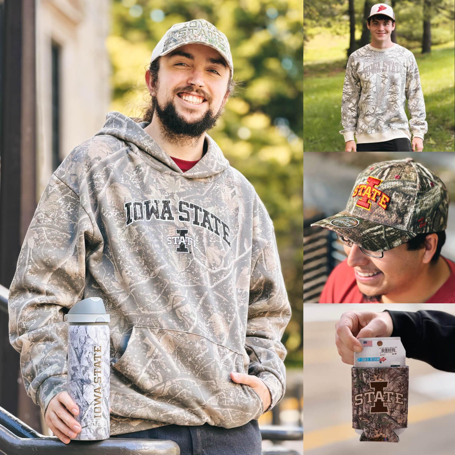 A man wearing an Iowa State Camo t-shirt and hat while holding a camo can cooler.